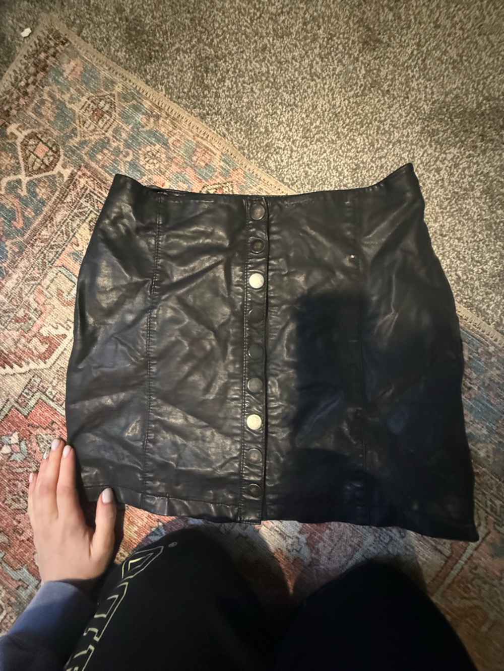 Free People Black Faux Leather Button-Front Mini Skirt